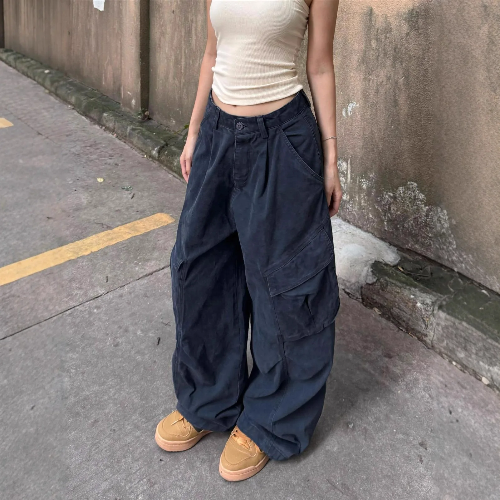 [Washed Cotton, Hemmed] American-Style Loose Multi-Pocket Cargo For Women, Wide-Leg  Jazz Street Dance Pants
