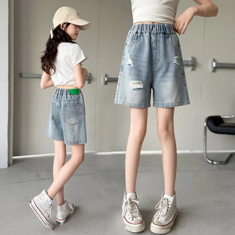 Slim Fit Kids Ripped Denim Shorts with Bow For Teenage Girls Casual Summer Destroyed Broken Shorts Children Cool Street Bottoms