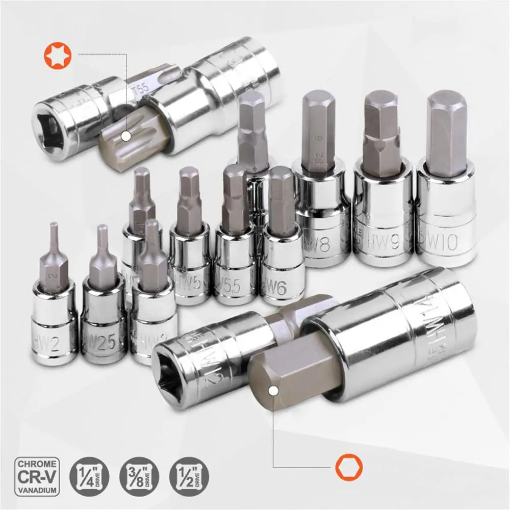 13Pcs Star Torx Hex Bit Socket Set T8-T70 H2-H14,CRV Sockets 1/4inch,3/8inch & 1/2inch Drive For Hand Use Work