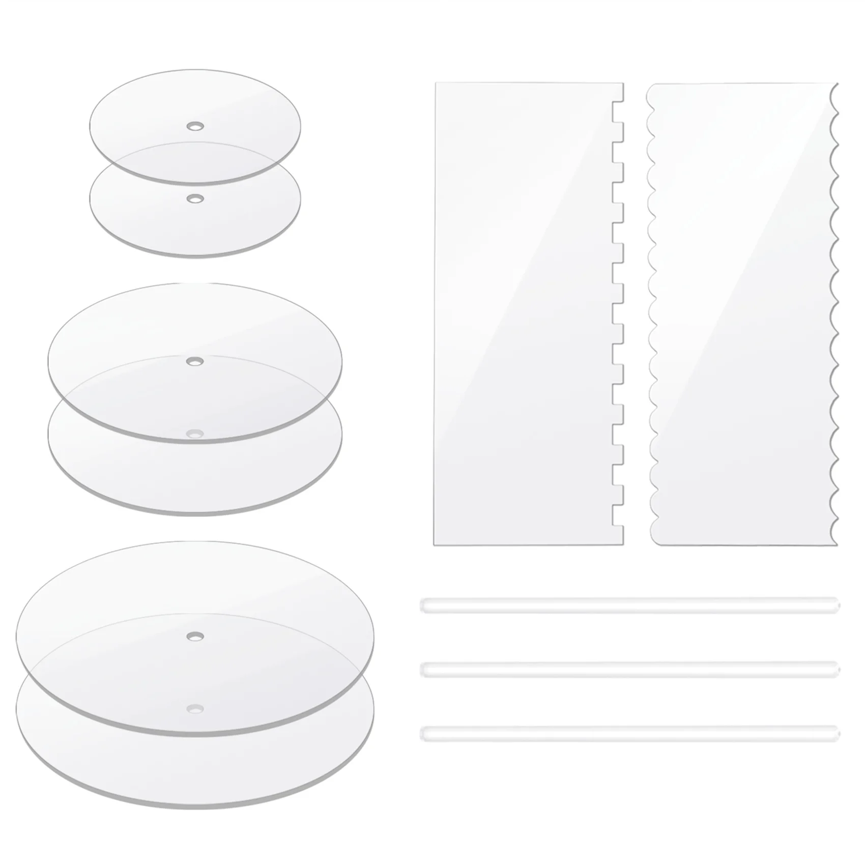 Acrylic Round Cake Disk Set - Cake Discs Circle Base Boards with Center Hole - 2 Comb Scrapers (4 Patterns) & Dowel Rod