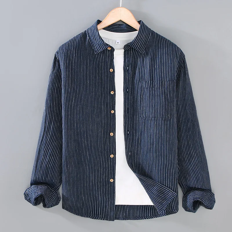 

2025 весенняя мужская модная тенденция, повседневный топ, однотонный японский ретро, свободная универсальная простая рубашка с длинными рукавами и квадратным вырезом