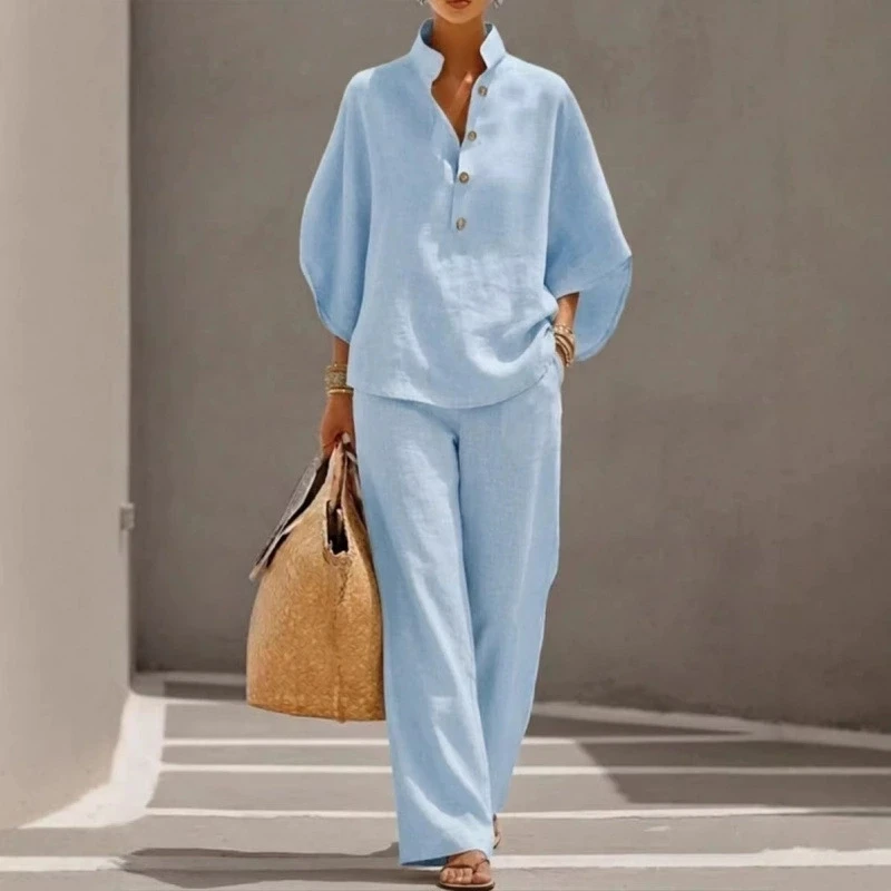 

2026 Summer New Women Casual Loose Solid Zipper Round Neck Wide Leg Pants Suit Spring Women Shirt+ Long Pants Two-piece Set