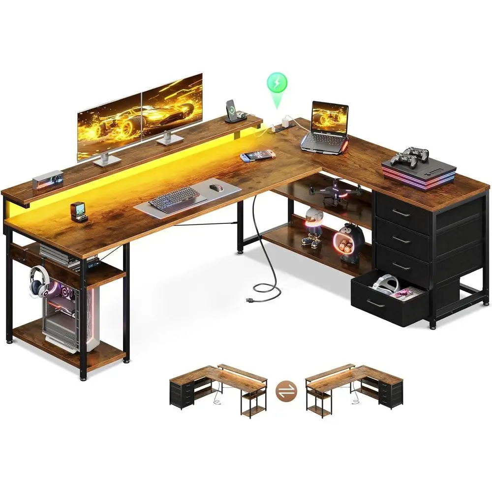 

L-Shaped 69 Desk with Cable Management, LED Lights, and Monitor Shelf for Home Office or Gaming