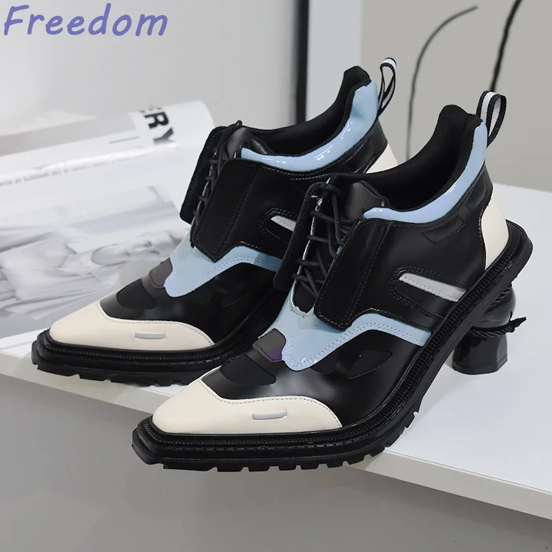 Niche reflective color blocking alien heel single shoes female summer new lace up fashion street shoot women's shoes high heels