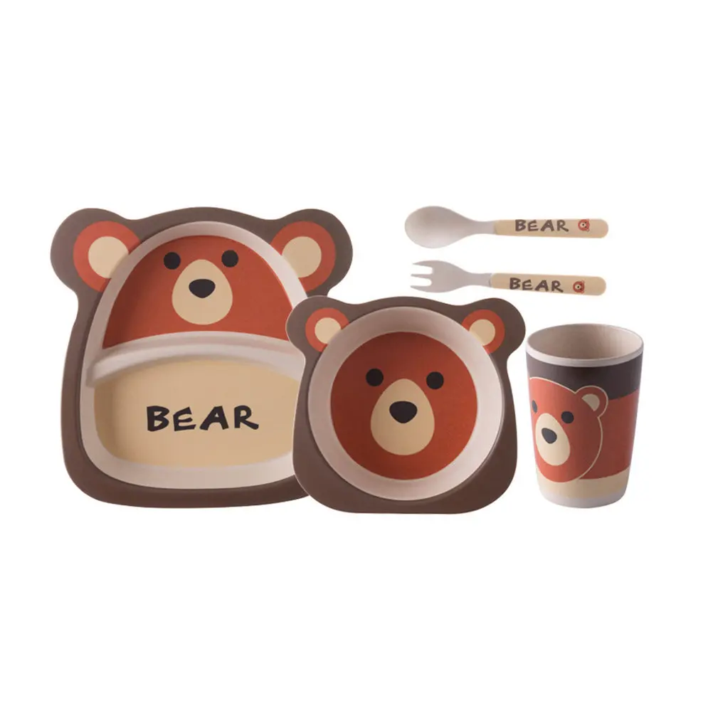 

1Set Eco Friendly Bamboo Fiber Kids Tableware Set Cartoon Baby Food Bowl Serving Plate Cup Spoon Fork Non Slip Lightweight Easy