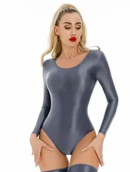 Women's Long Sleeve Bodysuit Tops Satin Shiny Gym Tights High Elastic Shaper Woman Leotard Sexy Onesie Breathable Soft