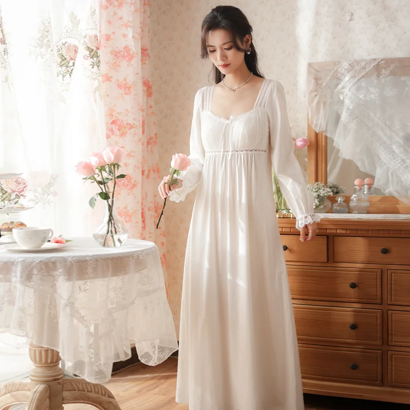 Women Long-sleeved Cotton Nightgowns Retro Court Style Princess Nightdress Square Collar Long Pajamas Lace Sexy Home Clothes