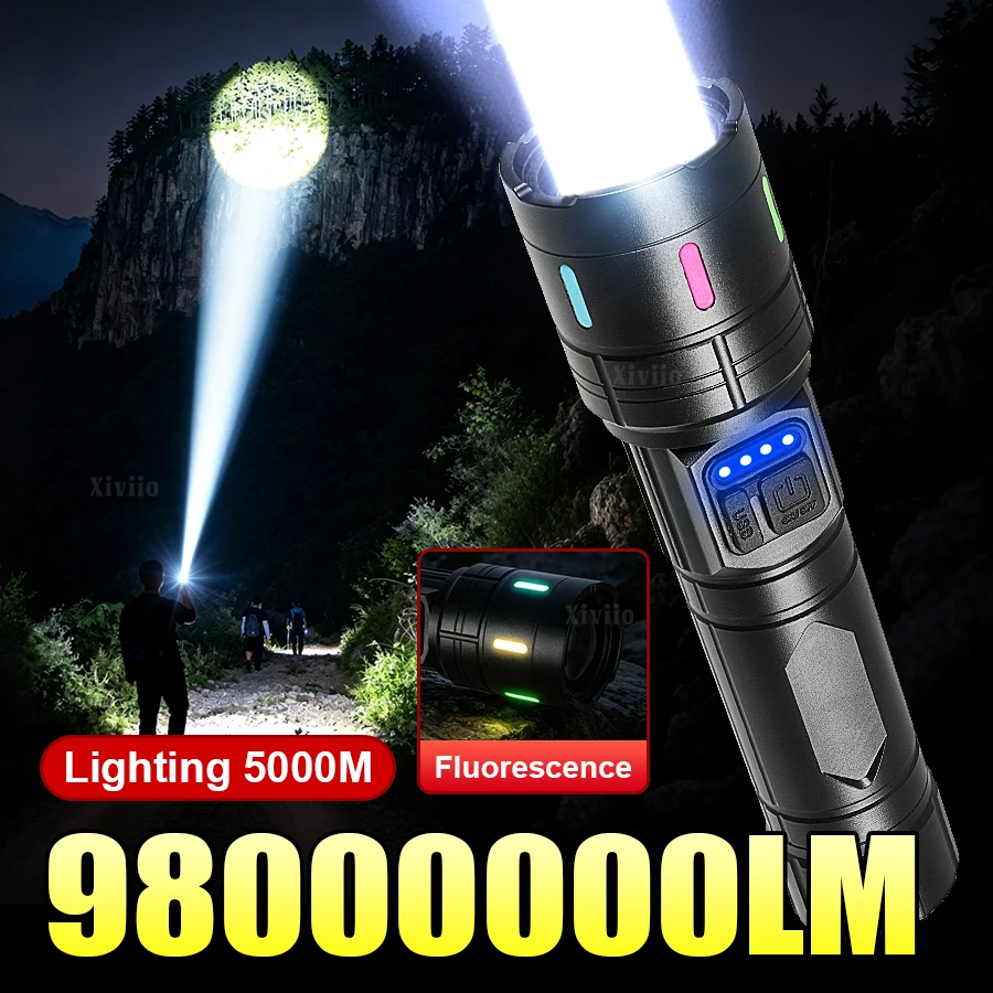 98000000LM 2000W Ultra Powerful Flashlights Rechargeable LED Tactical Torch Super Bright Lamp Outdoor Adventure Fishing Camping