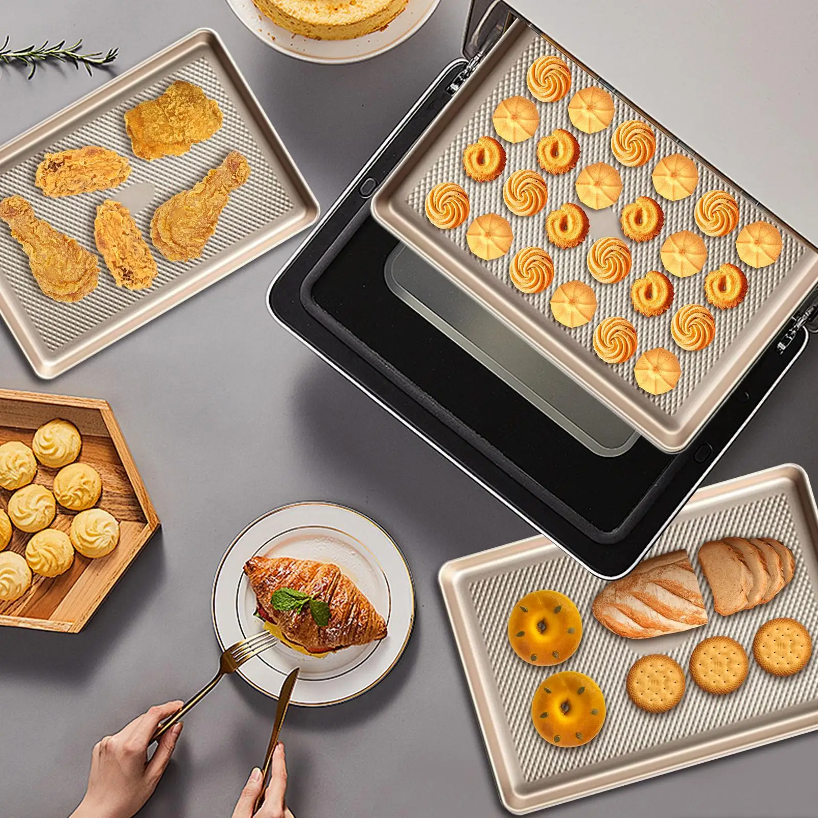 

Oven Pan Set Carbon Steel Baking Pans Non-Sticky 3 Pieces Everyday Cooking Thick Bakeware With Texture Pattern For Bacon Pizza