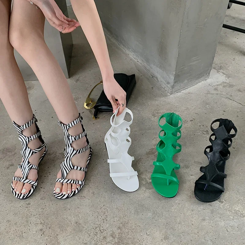 

Women's Thong Toe Gladiator Cut Out Ankle High Back Zipper Flat Sole Sandals Summer Beach Casual Daily Footwear Drop Shipping
