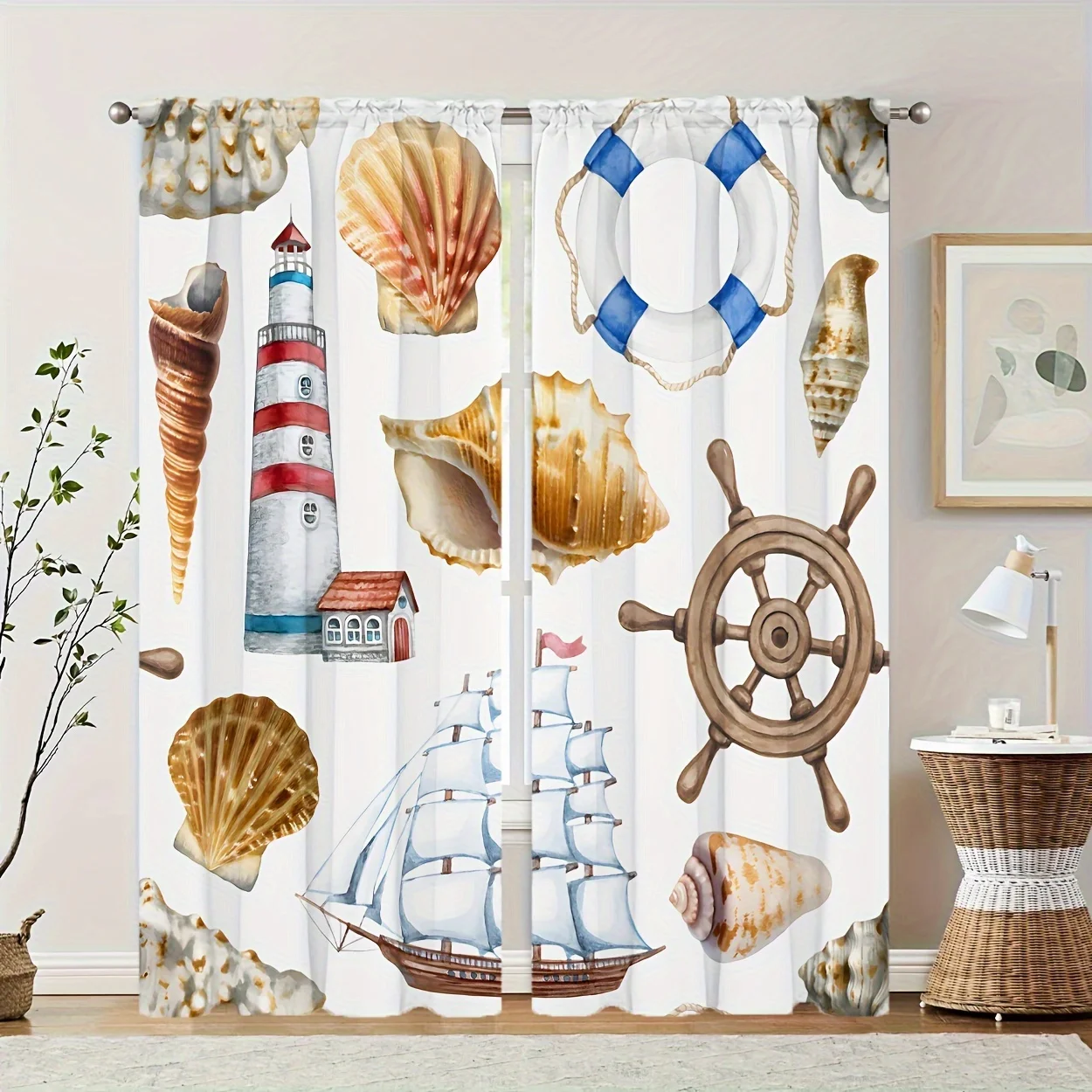 Nautical Sea Shell Curtain, Vintage Sailing Ship & Lighthouse Print Drape, Coastal Decor Window Treatment for Bathroom Living