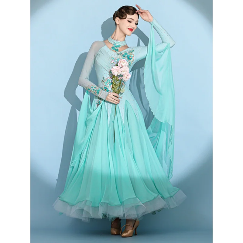 Padrão nacional dança moderna grande balanço vestido para valsa s7103 diamante cravejado desempenho traje