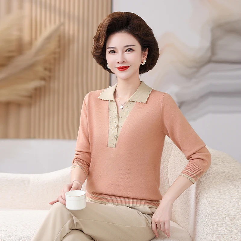 

Faionable Long Sve Knitted Sweater Base Layer Top for Middle-Aged And ly Women Autumn Spring Seasonal Mommy Wear