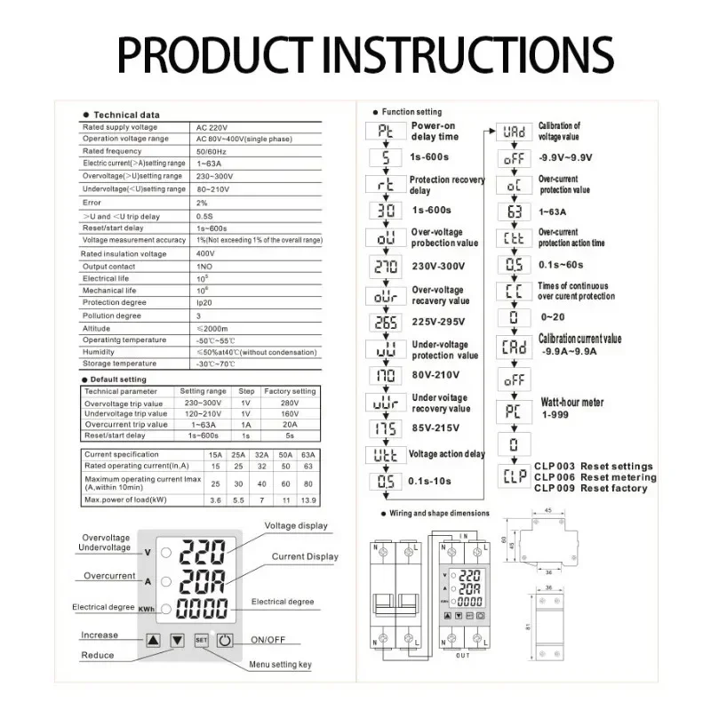 3IN1 Display Voltage Breaker 40A Adjustable Din Rail 230V 110V Over and Under Voltage Protector KWh Watt Metering Monitor Relay