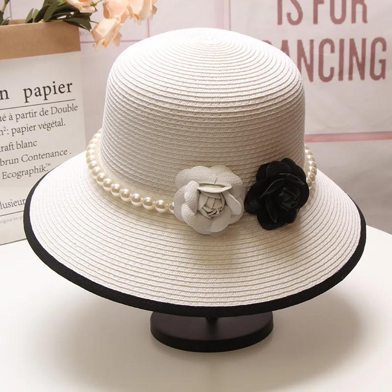 Sun Hat for women Summer Vintage Elegant Pearl Flower Fisherman Hat Hepburn Wind Sunshade Straw Hat Beach Hat sombrero