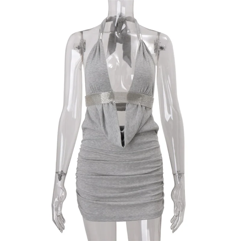 Halter Hollow Lace Up Women Short Mini Backless Pleated Prom Dress Grey Low Waist Evening Skirt Spicy Girl New Arrival In Stock