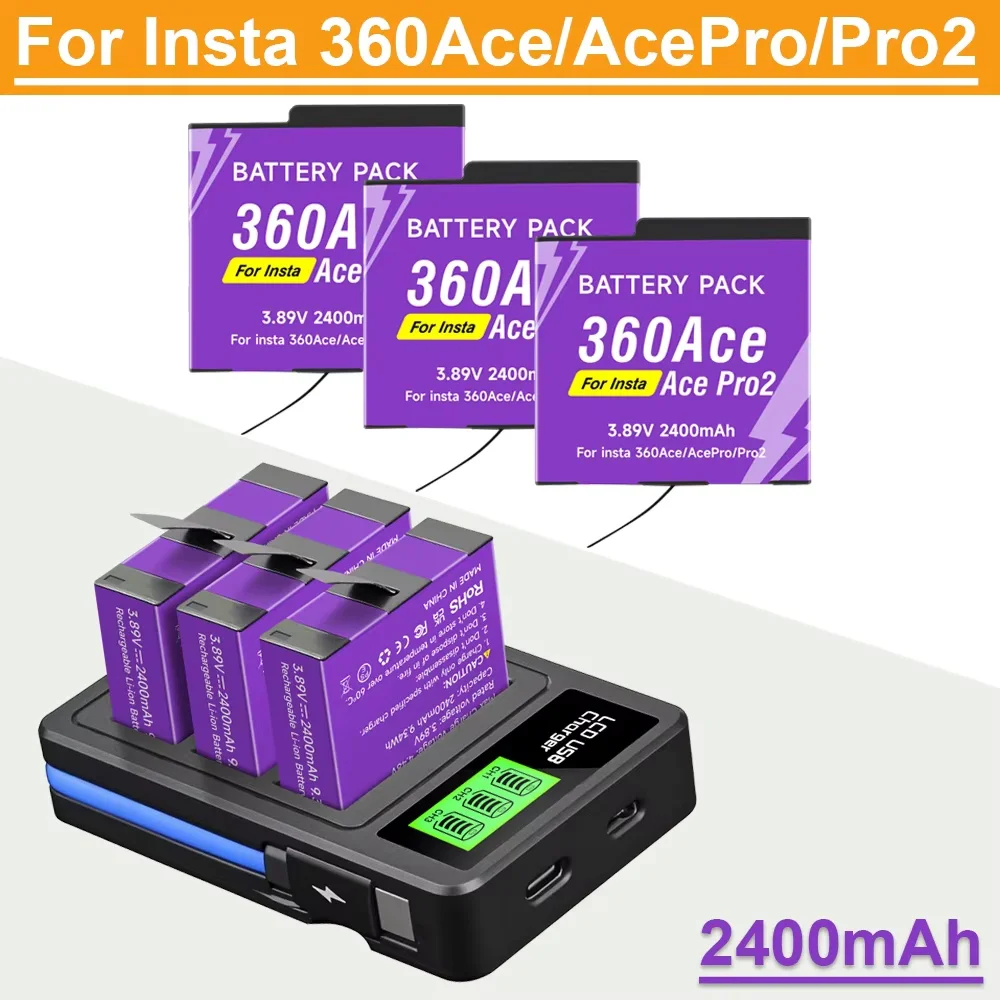 Batería de alta capacidad de 2400mAh para Insta360 Ace Pro Ace + cargador rápido LED de 3 ranuras para accesorios de Cámara de Acción Insta 360 Ace Pro 2