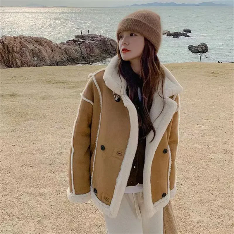 GIDYQ Winter Warm Lamb Fur Jacket Women Vintage Casual Motorcycle Cotton Coat Korean Fashion Thickened Snow Parka Outerwear New