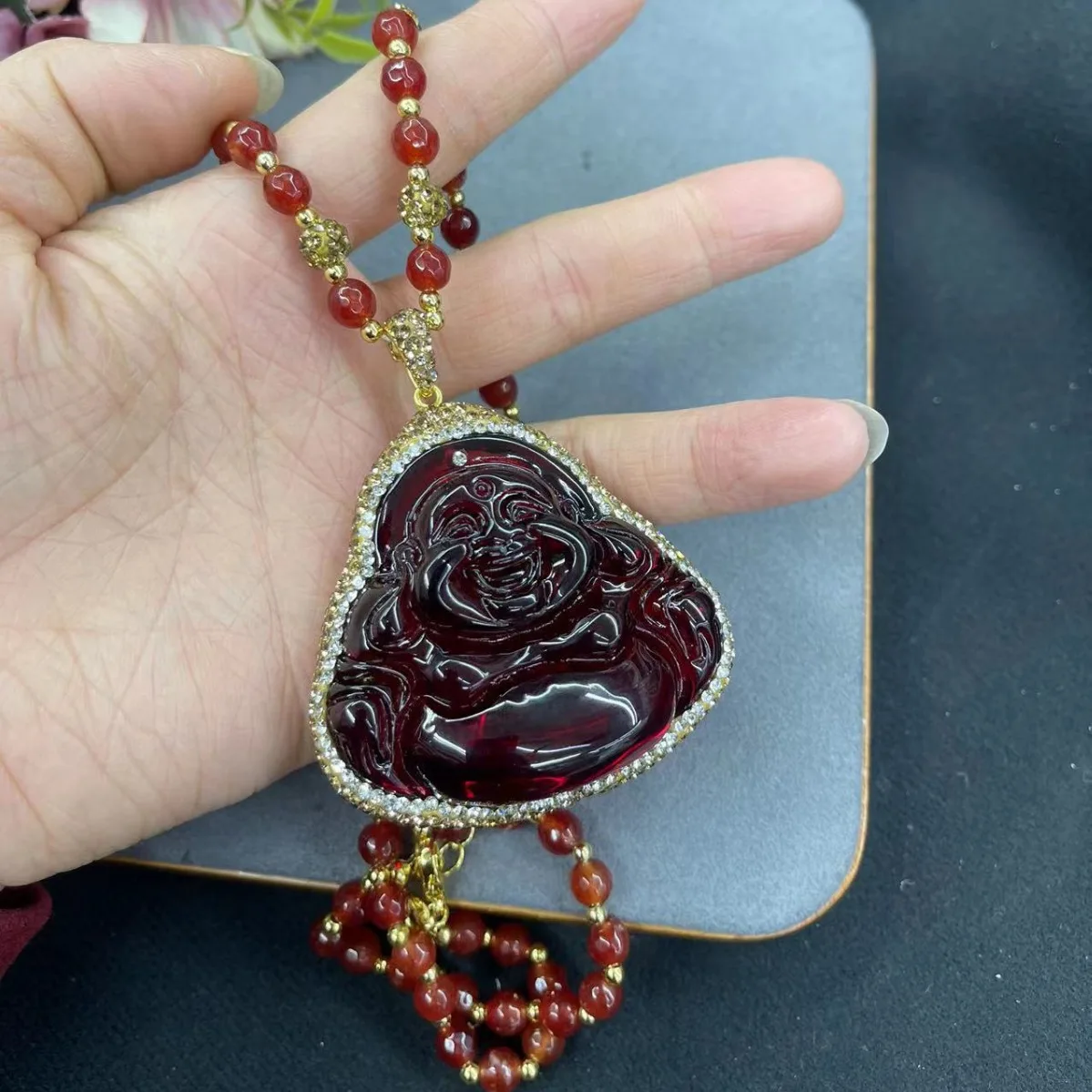 DIY accessories Second generation amber laughing Buddha necklace natural agate sweater chain jewelry vintage popular jewelry fac