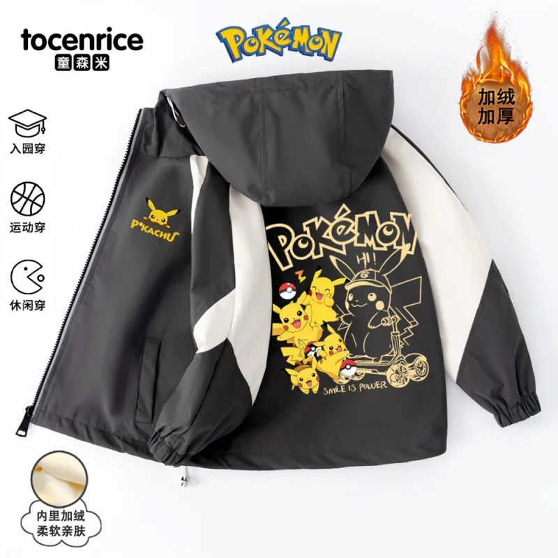 Cosplay Costume Pokemon Pikachu Hoodie Increase Fluff Long Sleeve Top Kids Causal Hooded Coat Zipper Outdoor Water Proof Jackets