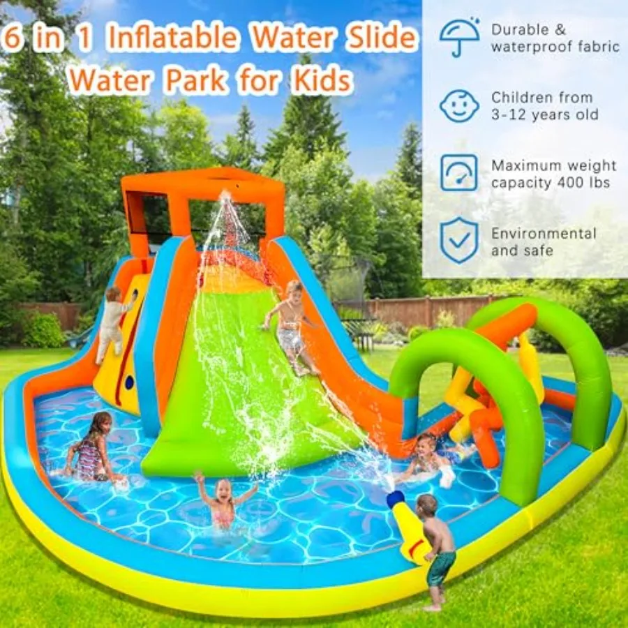 Inflatable Water Slide for backyard use, PVC material, blue and yellow, 6-in-1 design with climbing wall, splash pool, water ca