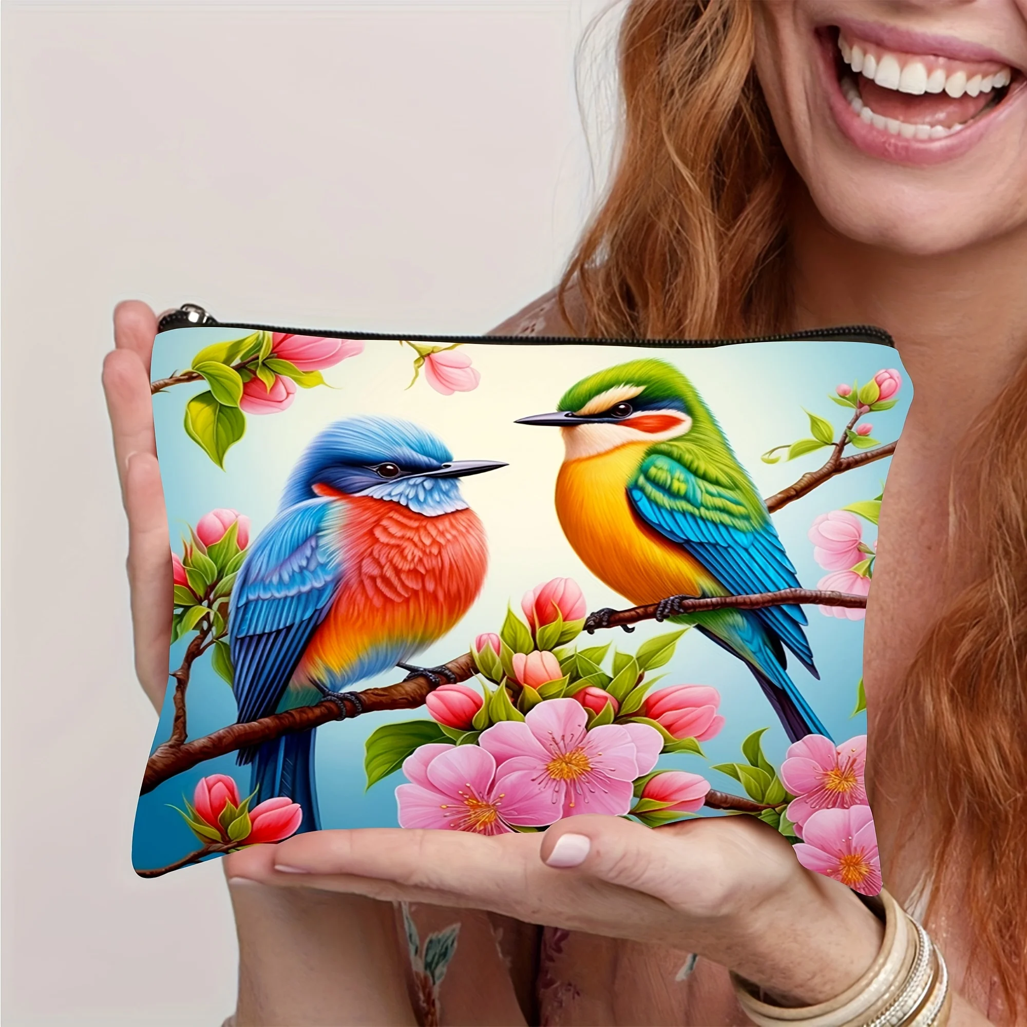 Organizer na kosmetyki i akcesoria podróżne z motywem kwiatowym akwarelowym i ptakami w stylu tukanów, kosmetyczka na zamek błyskawiczny, uniwersalne torby do przechowywania.