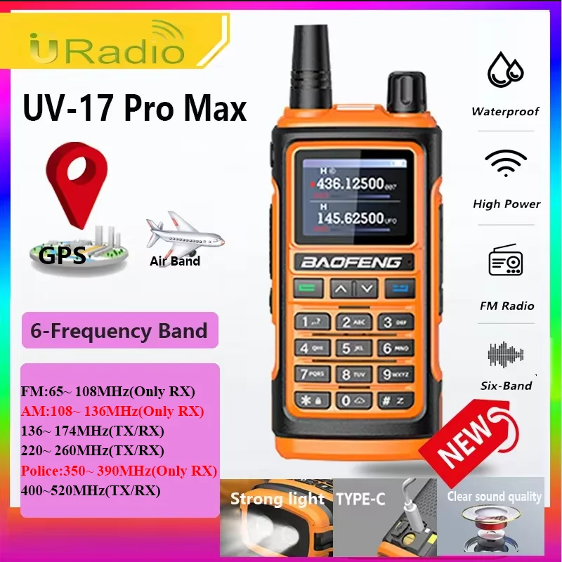 Baofeng UV-17 Pro Max GPS Air Band Six-Band VHF UHF Type C Charging Walkie Talkie Baofeng 999 Channels Two Way Radio UV17 Pro FM