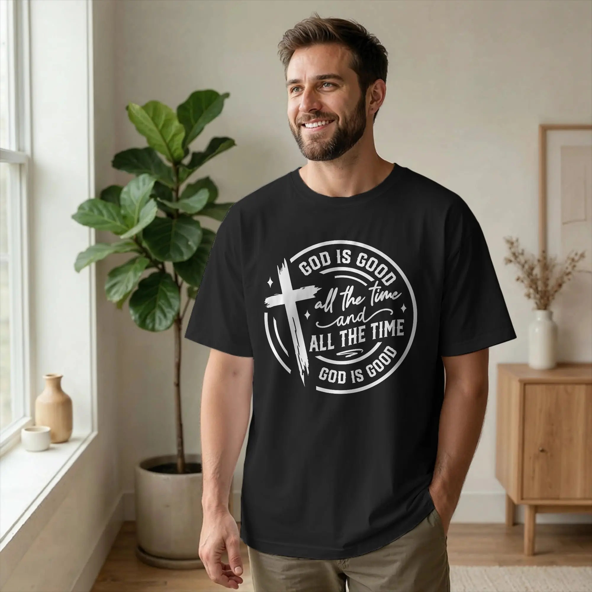 God Is Good All The Time Bible Quote T-Shirts Men Jesus Christian Novelty Pure Cotton Tees Short Sleeve T Shirt Plus Size Tops