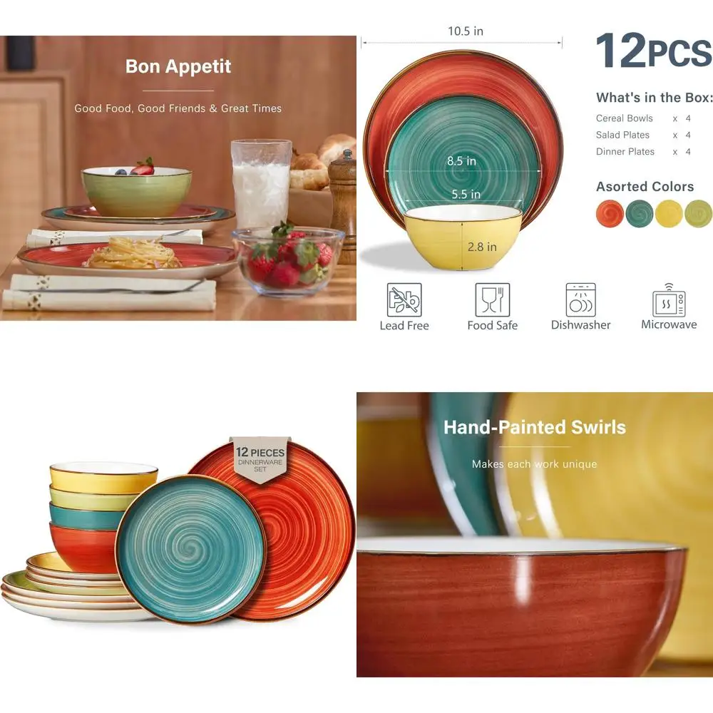 

12-Piece Stoneware Dinnerware Set: Microwave, Oven, and Dishwasher Safe Porcelain Plates and Bowls