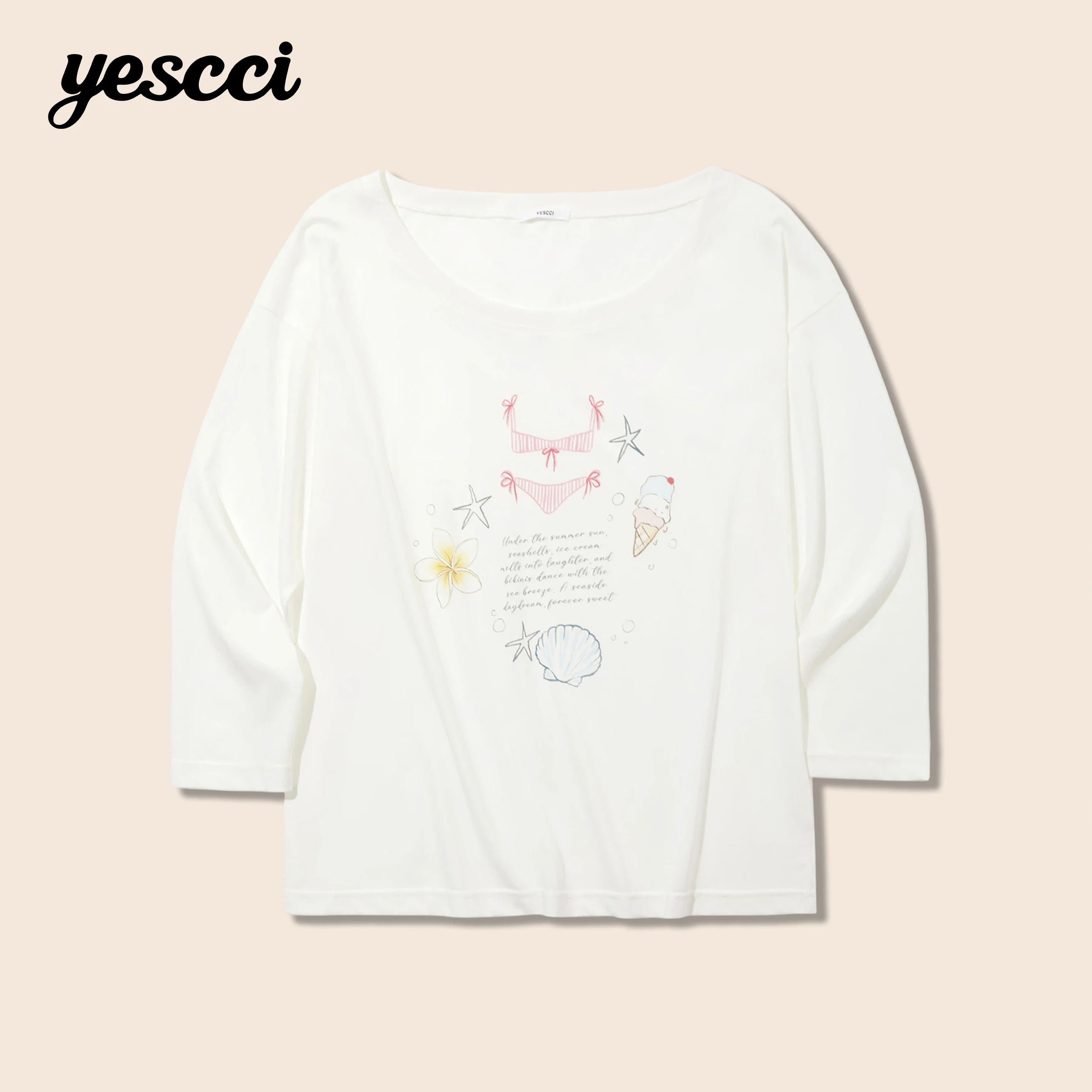 YESCCI Women's Long Sleeve Top 2026 Autumn New Off Shoulder Loose Thin Women's Tee Shirt Casual Print Ladies Clothing S56321125