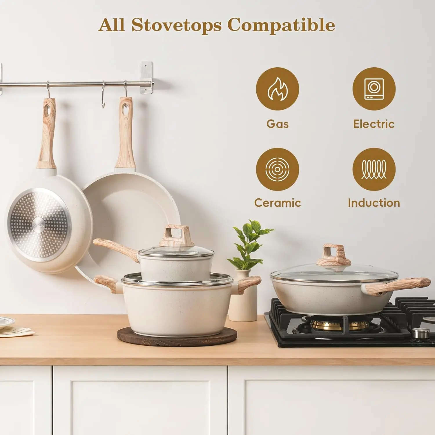 Custom 8-Piece Nonstick Multi-functional Pot Pan Set Silicone Handles White Granite Design Induction Cookware Dishwasher Safe