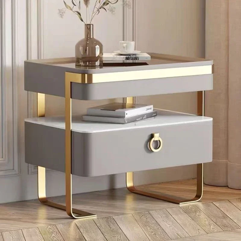 Modern Bedside Table Solid Wood Night Stands Tempering Glass Nightstands Simple Torage Cabinet with Slate for Bedroom Furniture