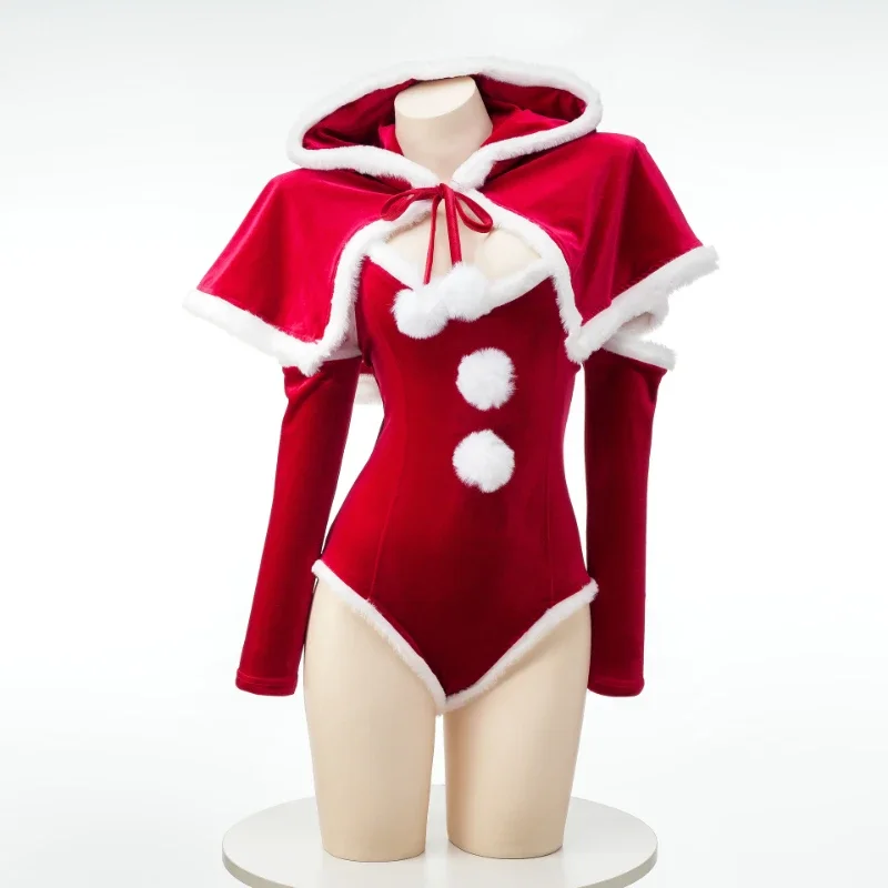 Anime Christmas Uniform Bodysuit with Cloak Red Stockings Outfits Cosplay Costumes New Year Plush Nightgown Underwear Outfits