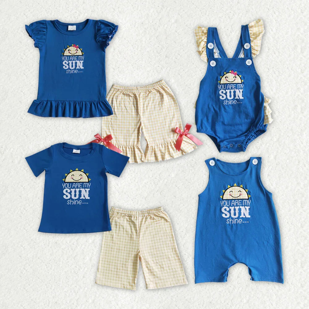 

BSSO0057 Wholesale baby boy clothes Embroidered SUN short sleeve shorts sets Summer Boutique baby rompers kids clothes girl
