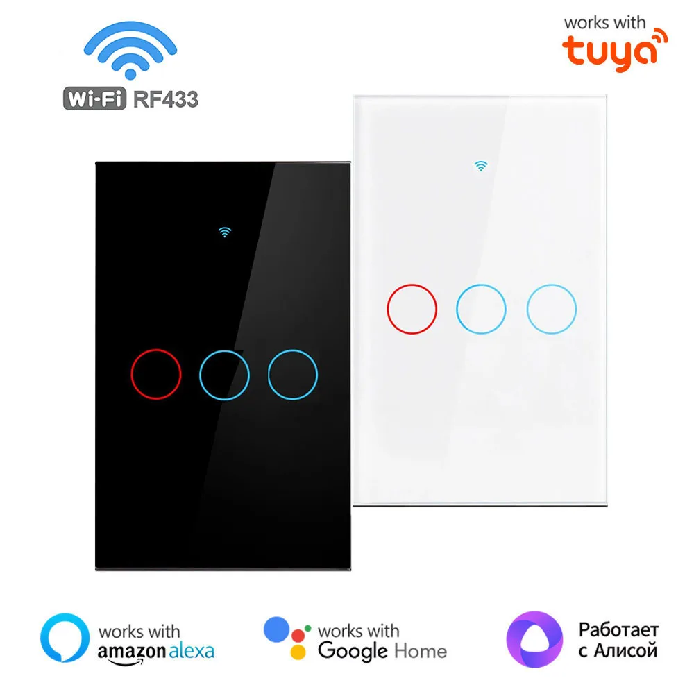 Work with Tuya App US WiFi Smart Wall Switch 1/2/3 Gang No Neutral Wire Touch  LED Light Switches Smart Home Alexa Google Homeit
