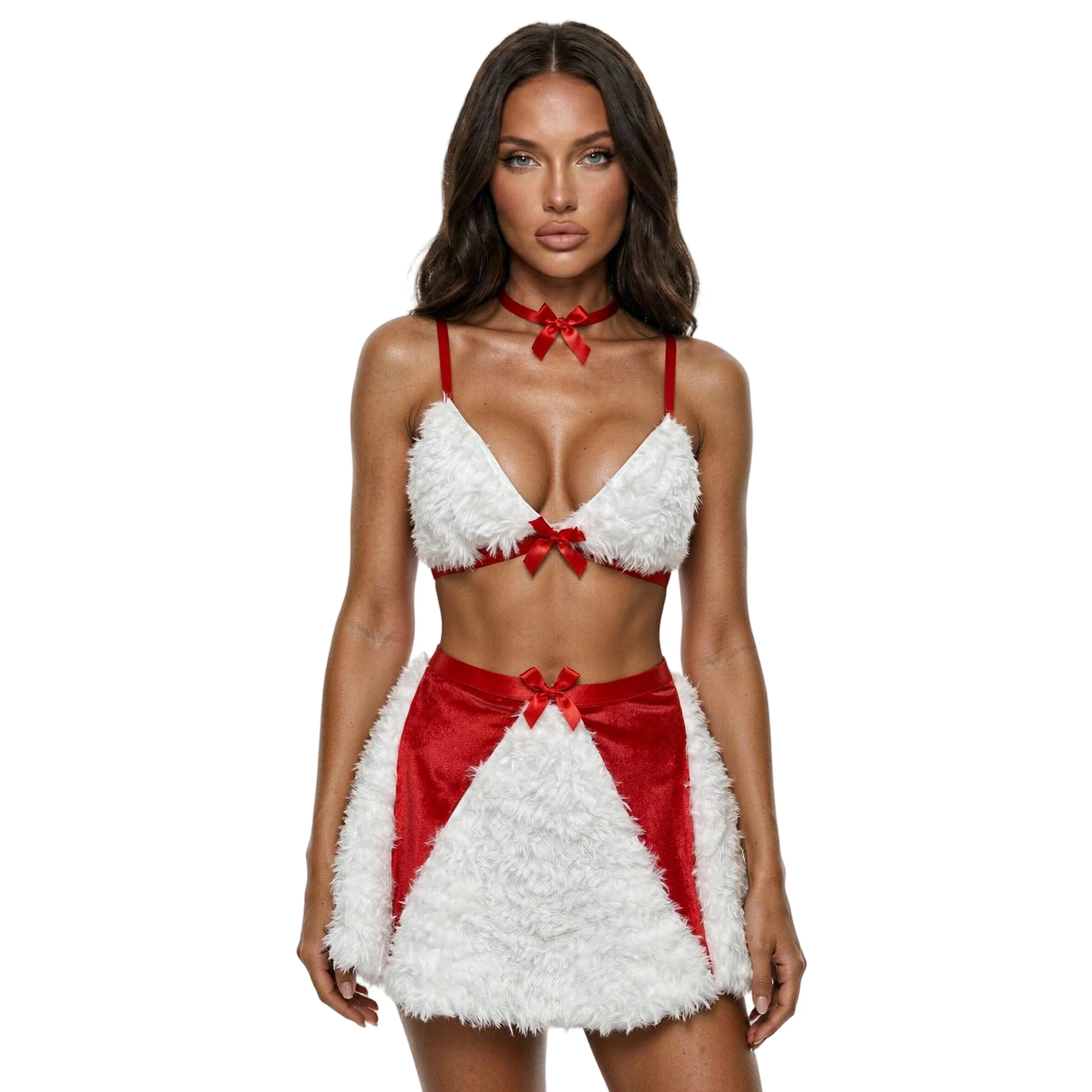 Women Christmas Santa Costume Set Bow Decor Plush Bra Mini Skirt and Choker