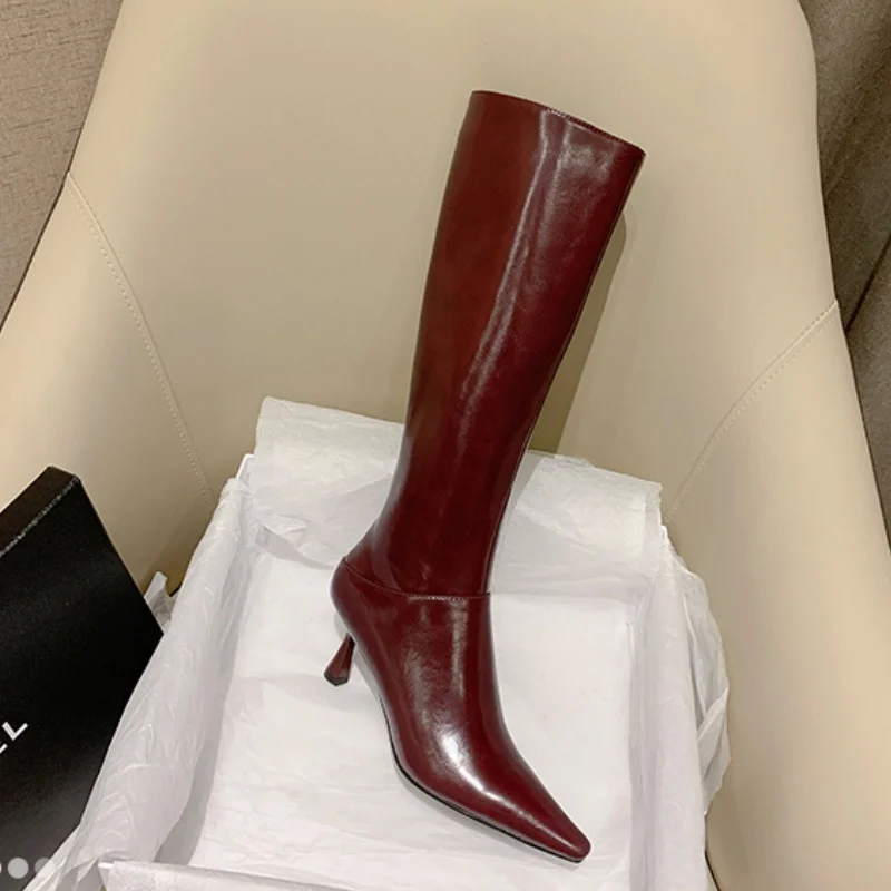 

Sexy Wine Solid Red Knee-high Boots Pointed Toe Kitten High Heel Side Zip Black Elegant Female Fashion Autumn Winter Women Shoes