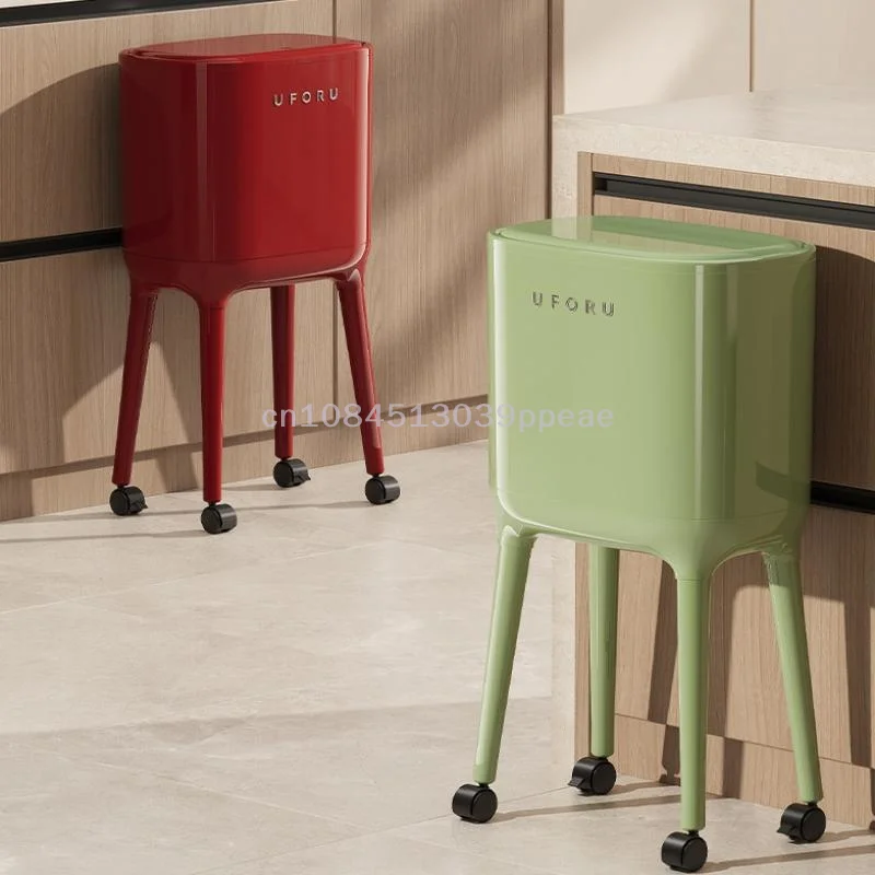 

{QTG333} No-Bend High-Leg Trash Can With Press-to-Open Lid - Large Capacity Oval Kitchen & Living Room Bin, Durable Plastic