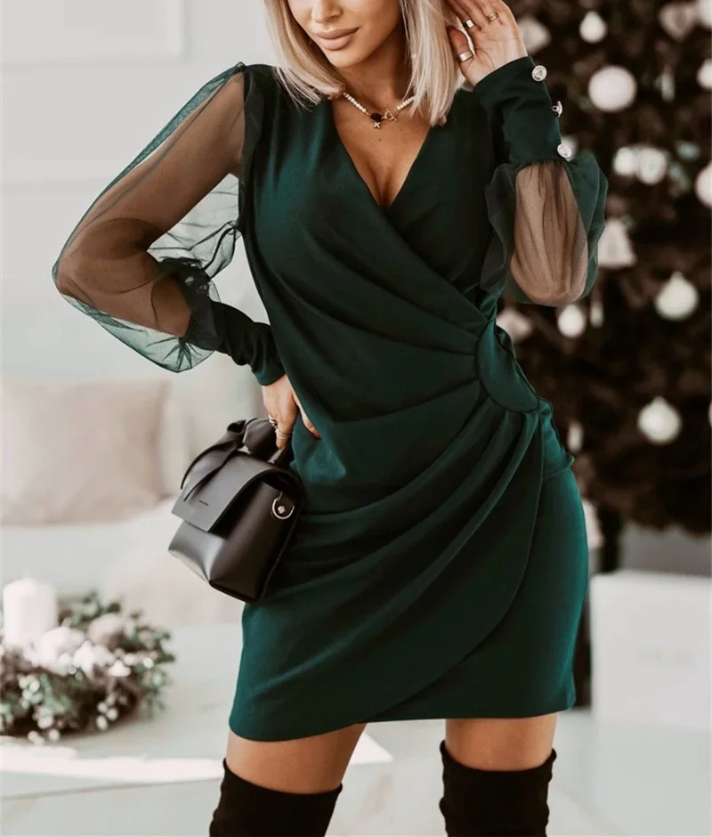 

Fashion See-through Lace Long Sleeve Dresses Women Sexy Crossover Deep V Neck Pleated Elasticated Waist Dress Female Party Gown