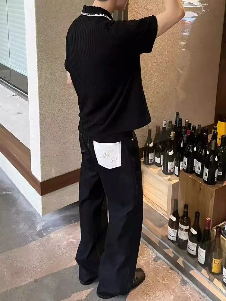 

Мужские оригинальные джинсы из денима 45 унций, широкие прямые повседневные брюки, черные, летний сезон, средняя посадка, на молнии