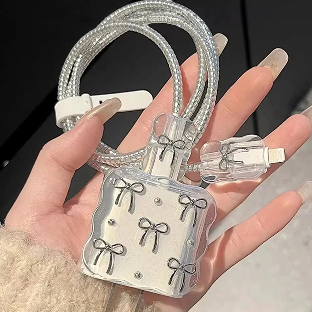 Funda protectora para cargador USB con borde de onda de perla y lazo 3D transparente para iPhone de 18W-20W, cubierta protectora para Cable enrollador láser