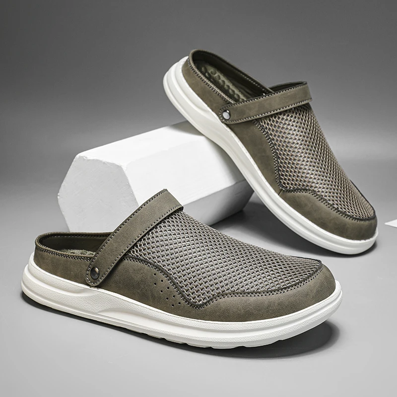 

Мужские летние новые сандалии без шнуровки с дышащей сеткой, легкая двусторонняя одежда с мягкой подошвой, спортивная пляжная обувь с полым дизайном