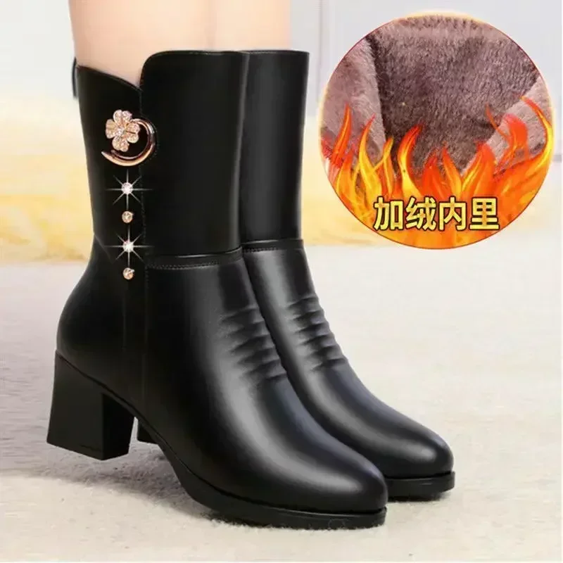 Soft Leather Ankle Boots for Women Spring Winter Plush Warm Side Zipper Round Toe High Heel Lady Boots Casual Mom Shoes