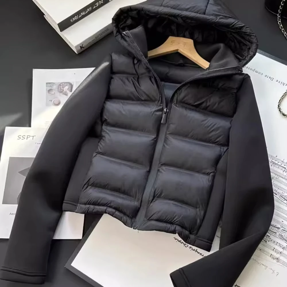 

Woman's Neoprene Effect Jacket High Collar Long Sleeves Hooded Splice Warm Overcoat Autumn Winter New Female Chic Outerwear
