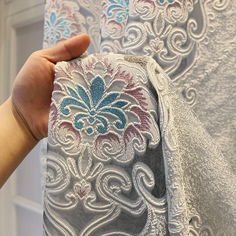 1pc Grey European Embossed Embroidered Sheer Curtains, Luxury Jacquard Light Filtering Voile, Ready-Made Drapes for Living Room