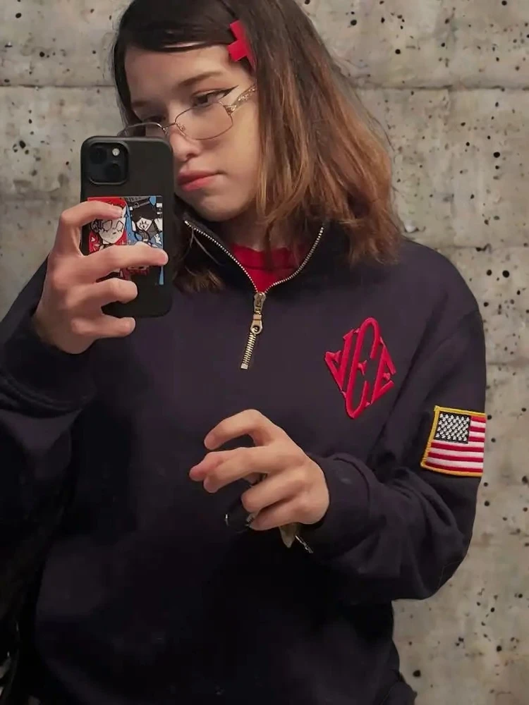 Y2k Felpe con cappuccio ricamate retrò Epstein Felpa da donna Colletto alla coreana Pullover con zip a quarti Oversize Sport casual Unisex Streetwear