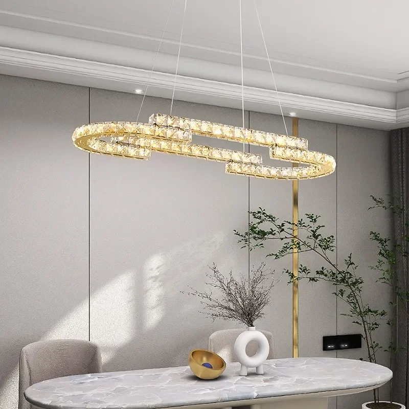 Modern Dining Room Led Dimmable Pendant Lights Home Decor Oval Steel Suspend Lights Lustre K9 Crystals Hanging Lamp Fixtures