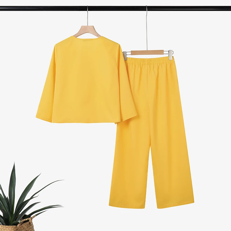 

Женские однотонные комплекты с брюками ZANZEA, летние рубашки с V-образным вырезом и рукавами 3/4, широкие брюки, свободные повседневные комплекты из 2 предметов, модные элегантные офисные наряды