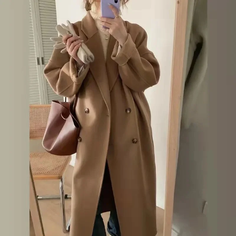 French Lazy Style Warm Female Fresh Winter 2024 Classical Belt Retro Loose Women Woolen Coats Chic Casual Long Coat Long