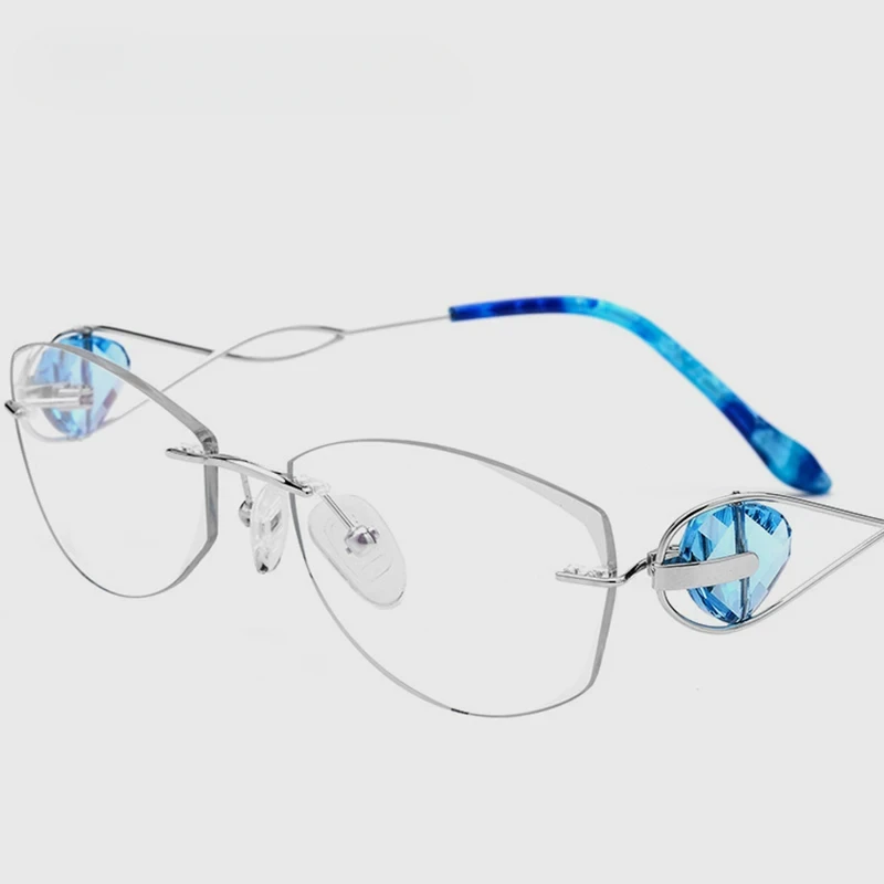 Diamond-trimmed Optical Frame 719 Women Frameless Luxury Blue Diamond-set Ultra-light Pure Titanium Frames Customizable Lenses